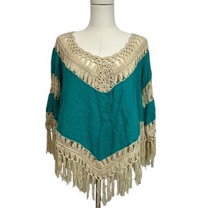 Dreamers Teal Cream Crochet & Fringe Top Shirt Boho Cottagecore Hippie Blouse S